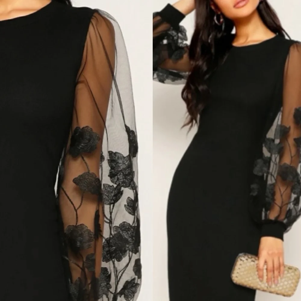 Boho black floral embroidered mesh sheer sleeve fitted midi dress - Picture 3 of 4